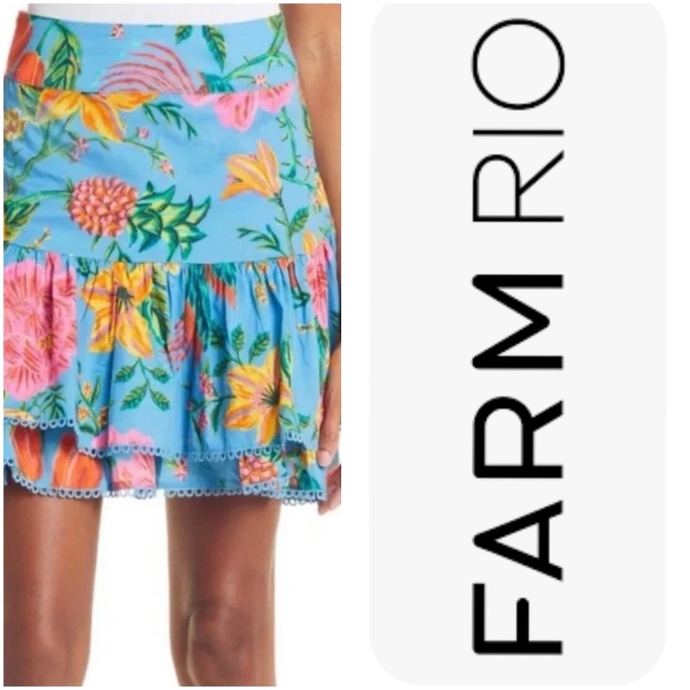 NWT FARM RIO Blue Toucans Garden Skirt Size Medium Floral Tiered Ruffle